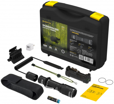 Фонарь тактический Armytek Dobermann Hunting Kit (Холодный свет) 1050 лм (фонарь+ 18650+ЗУ+ выносная кнопка+ магнитное подствольное крепление+ сетевой адаптер) — интернет-магазин «Комбат»