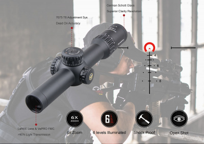 Фото  Continental X6 1-6x28 Tactical FFP,  сетка BDC & Wind, 34 мм,  тактические барабаны, Zero Stop, азотозаполненный, с подсветкой  (SCFF-31)