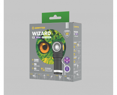 Фонарь налобный Armytek Wizard C2 WUV, белый свет и ультрафиолет, 1100 лм и 1595 мВт (400 нм), TIR 70°:120°, 1x18650 (в комплекте) — интернет-магазин «Комбат»